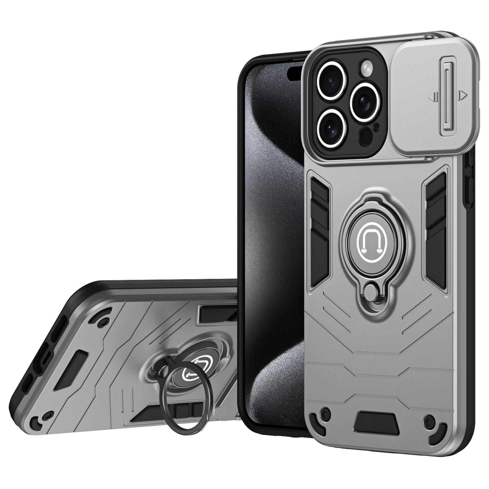 

For iPhone 15 Pro Max Case PC+TPU Ring Kickstand Phone Cover with Slide Lens Lid Grey
