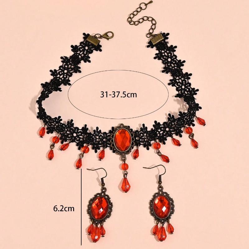 1 Set Dunkler Gothic-Stil Strass Tropfen Quasten Ohrringe & Halskette, Vintage Böhmische Spitze Kette Anhänger Ohrringe