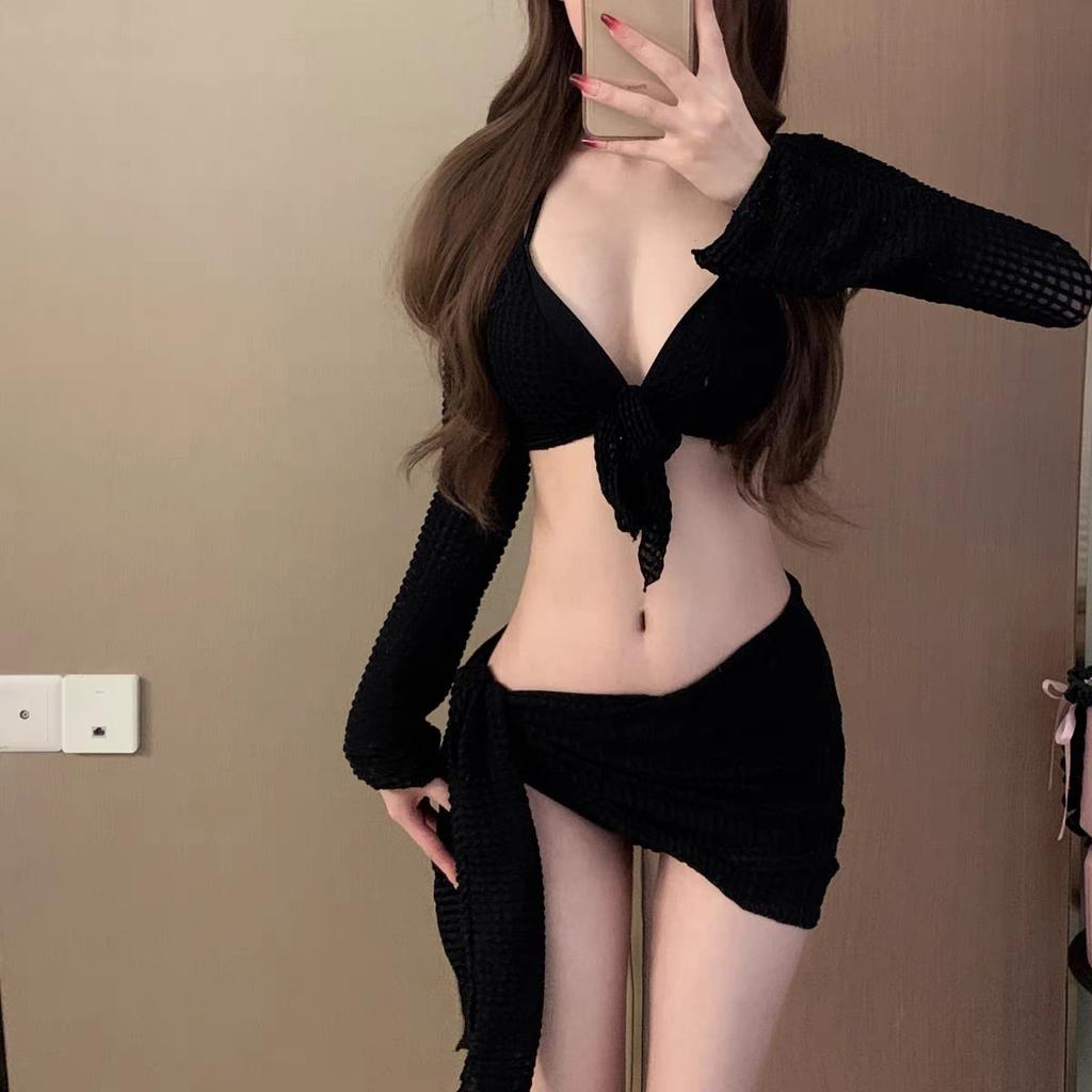 2025 Summer Bikini Set Women Sexy Swimsuit Chic Solid Four-Piece Halter Lace Up Female Swimwear New Fashion Korean Bathing Beachwear