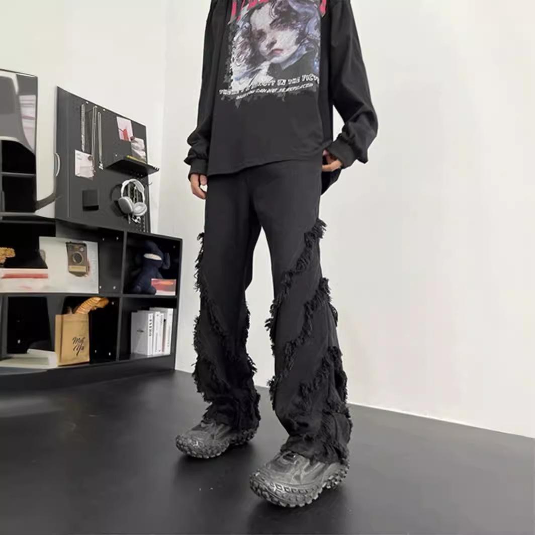 

Мужские прямые джинсы Raw Edge High Street — модный летний дизайн в стиле американского хип-хопа S чёрный