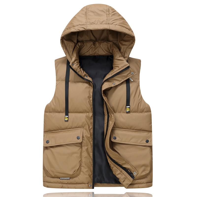 Large Pocket Cotton Vest Men's Autumn and Winter Trend Thickened Thermal Vest Student Hooded Jacket