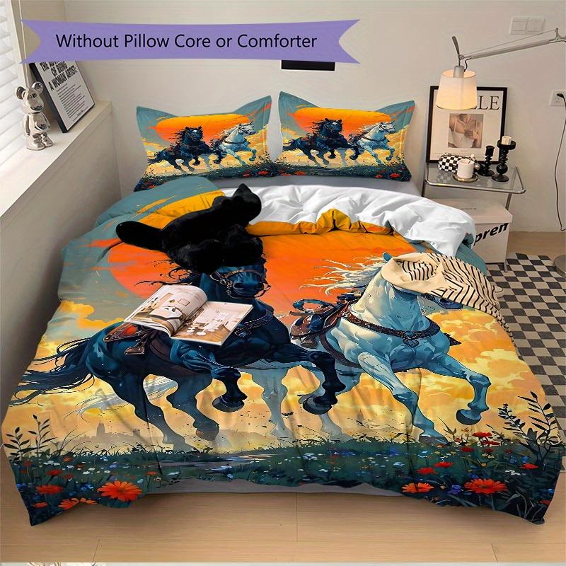 3pcs Set Horse Sunset 1 Quilt Cover + 2 Pillowcases, All Seasons Bedroom Setting, Perfect for Home and Dorm Decor A166