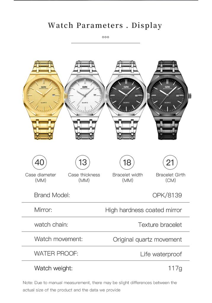 OPK 8139 Luxury Man Watch Luminous Waterproof Stainless Steel Auto Date Business Classic Quartz Men's Wristwatch