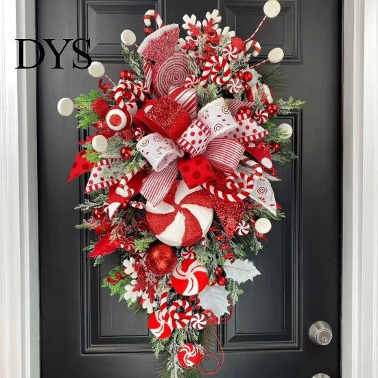 Festive Atmosphere Decoration Candy Cane Christmas Teardrop Swag, Red White Striped Peppermint Swag Artificial Wreath for Front Door, Indoor