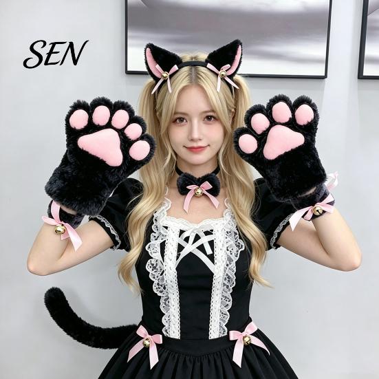 Zvířecí Cosplay Kostým 7ks Kočičí Sada, Čelenka s Ušima, Rukavice s Tlapkami, Límec s Mašlí, Tematický Zvonkový Náramek, Ocas, Halloweenská Párty Koťátko Příslušenství pro