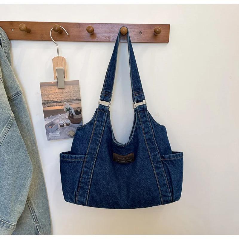 

Casual Versatile Denim Vest Shoulder Bags for Women Large Capacity Ladies Shopping Tote Bag Thread Design College Girls Handbags темно-синього кольору