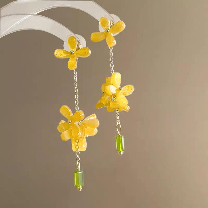 Super fairy yellow mesh earrings women's vacation style chiffon sweet stud earrings atmosphere seaside high-end color earrings