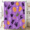 Halloween-themed shower curtains with a purple background featuring pumpkins, ghosts, bats, spiders, witches' hats and brooms pe