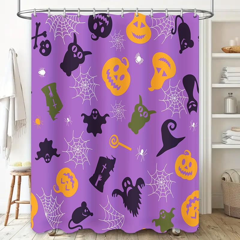 Halloween-themed shower curtains with a purple background featuring pumpkins, ghosts, bats, spiders, witches' hats and brooms pe