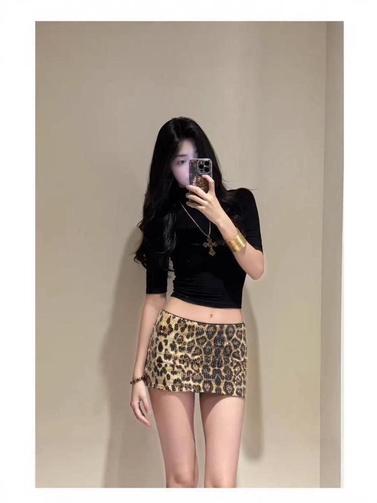 Sequin Leopard Print Mini Skirt & Waist-Cinched Top Suit - 2026 Summer Collection for Women