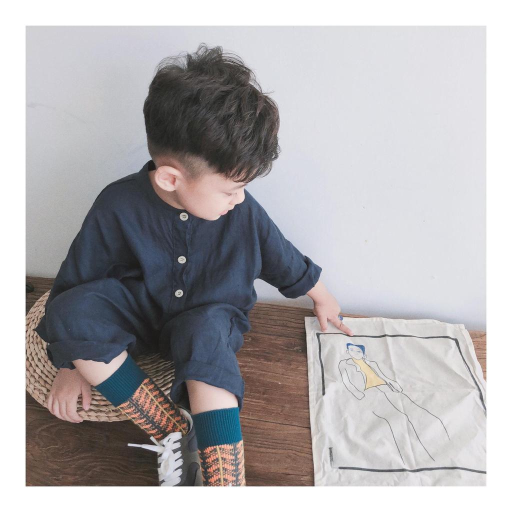 Korean-Style Linen Jumpsuit for Kids - Long Sleeve, Solid Color, Buttoned, Unisex, Loose Fit