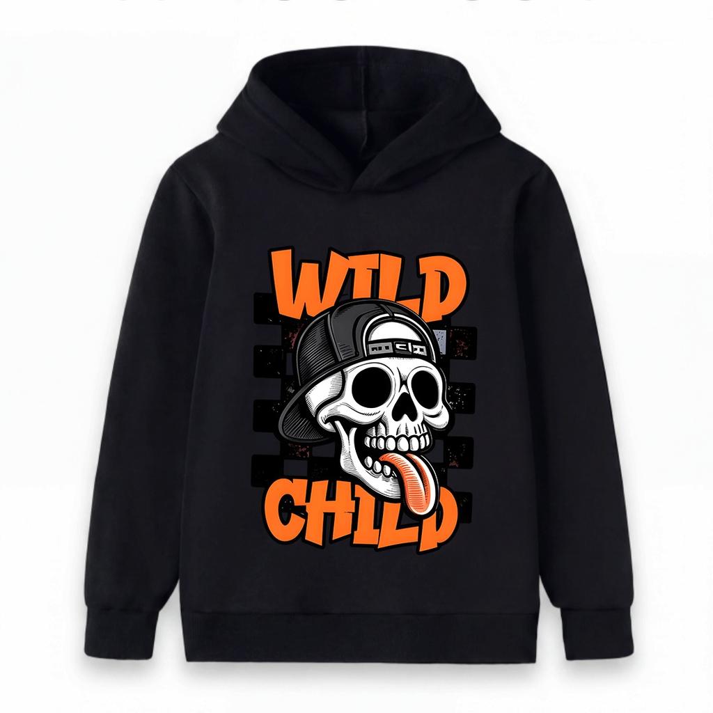 Kids Boys Girls Hoodie, Wild Child Skull Pattern Long Sleeve Casual Pullover Sweatshirt for Daily Wear