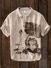 Summer Fashion Large Size Youth Men's Short Sleeve Shirt Linen Cardigan Lapel Funny Cat Ink Painting Print