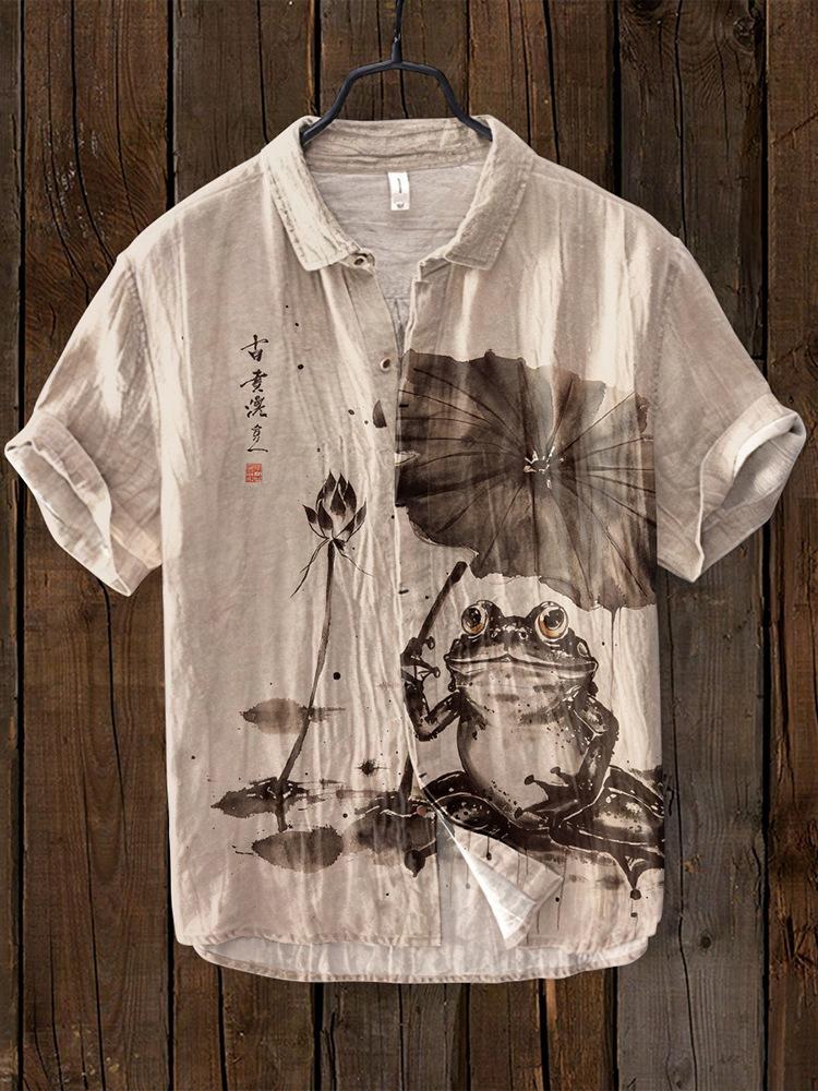 Summer Fashion Large Size Youth Men's Short Sleeve Shirt Linen Cardigan Lapel Funny Cat Ink Painting Print
