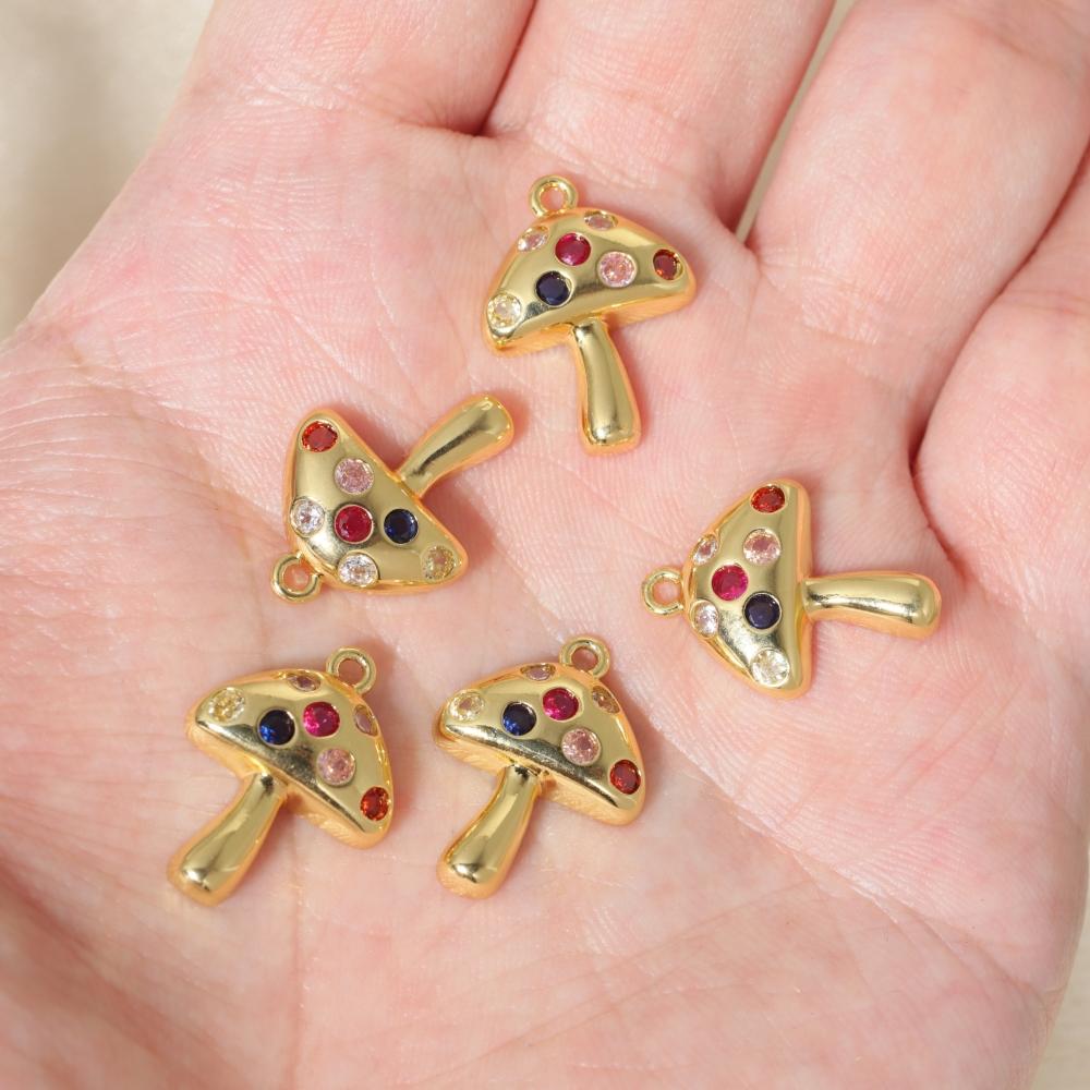 Multicolor Zirconia Mushroom Charms Golden Plated Copper Jewelry DIY Parts