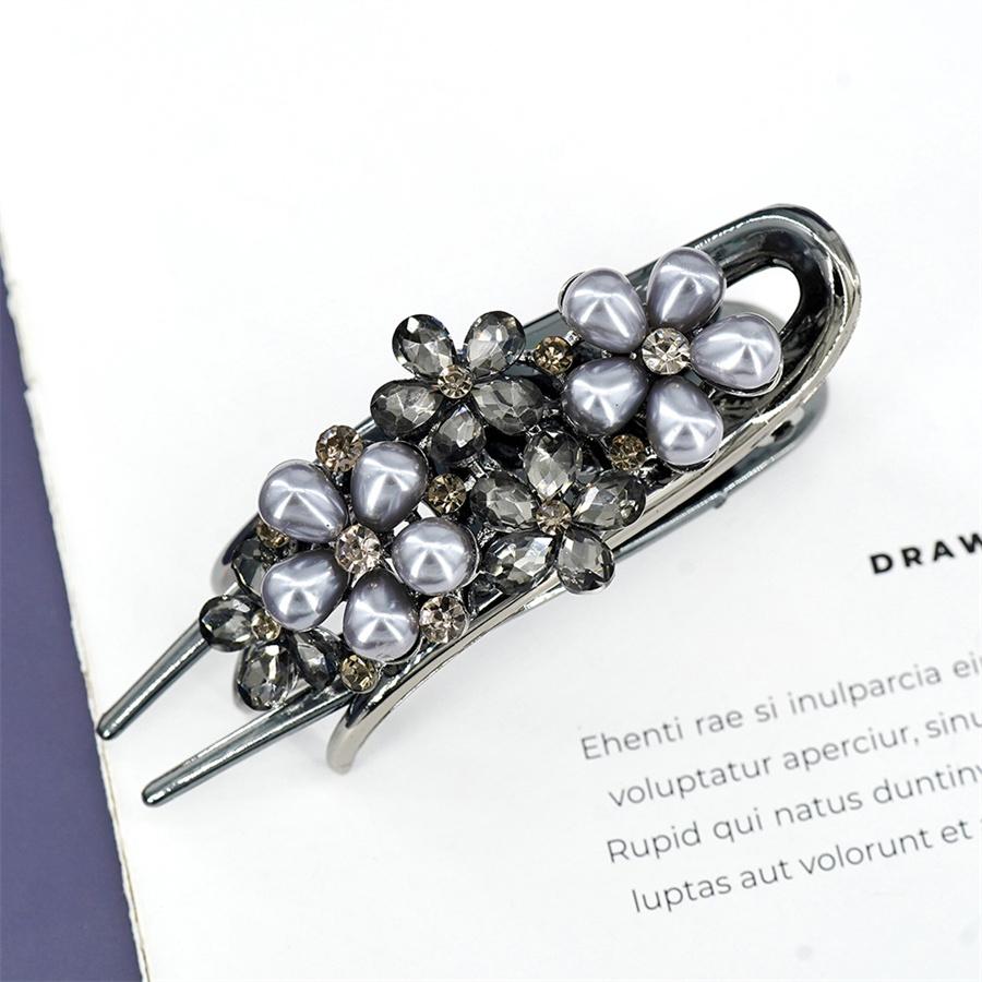 Fashionable Light Luxury High-end Rhinestone Pearl Clip Hairpin Women's Elegant Temperament Glass Black Gray Hairpin Strap
