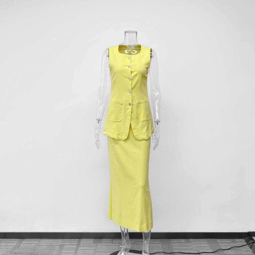 Capable Solid Color Linen Blend Micro-Elastic Vest & Long Dress Two-Piece Set - Summer/Autumn for Work or Casual Wear
