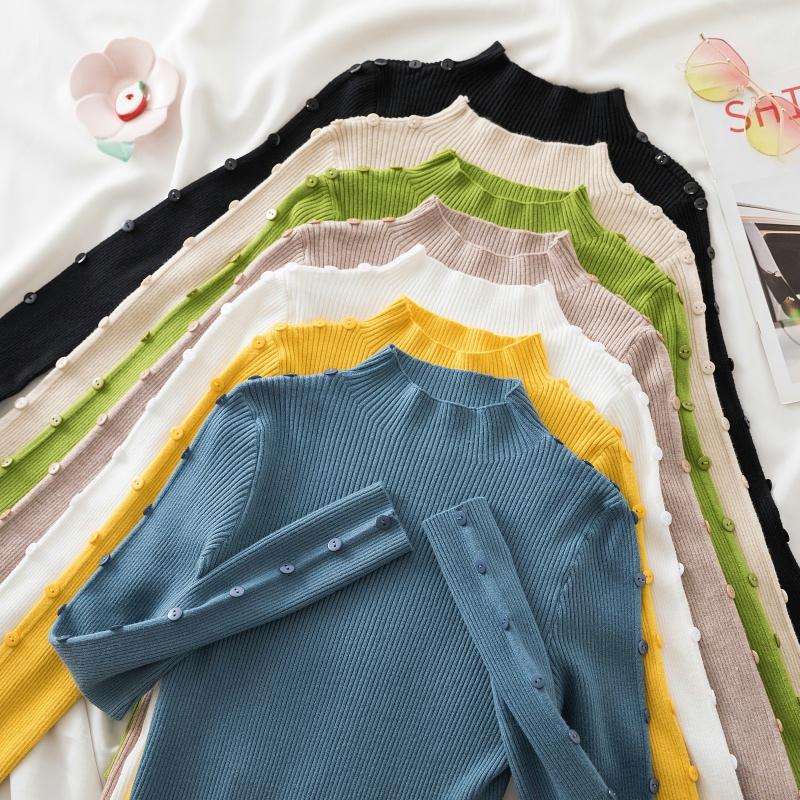 Autumn Winter Casual Slim Warm Base Women's Knitted Sweaters Half High Collar Buttons Pullovers Sweater Woman Fashion Thin Long Sleeve Jumper 25481