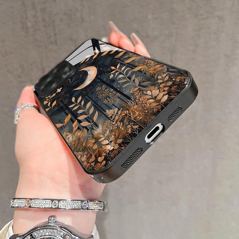 Minimalist Grass Jungle Moon Pattern Tempered Glass Phone Case For iPhone 16 15 14 13 12 11 17 Pro Max 16E 7 Plus XR XS X Cover