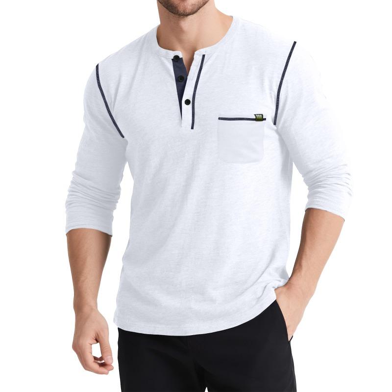 Men's Autumn and Winter Long-sleeved Henley Retro T-shirt Three-button Pocket Top