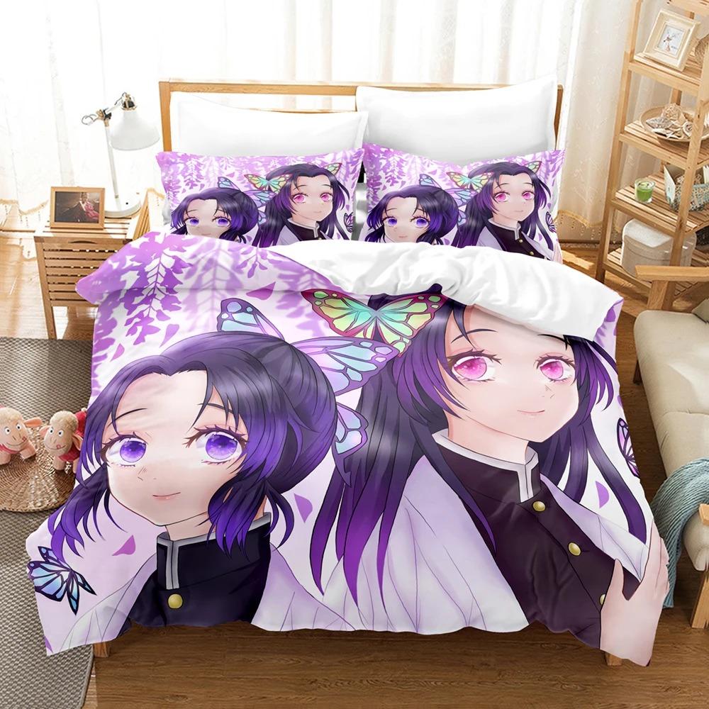 3D Pattern Print Pattern Kochou Shinobu Bed Linen Anime Demon Slayer Bed Ensemble 135x200 Teens Boys Twin Size Single Size Queen Dimension King