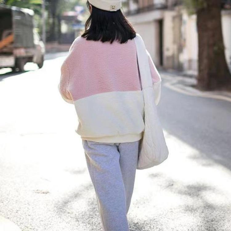 Warm Velvet Women Pullover Sweatshirt Thickened Stand Collar Half Zipper Top