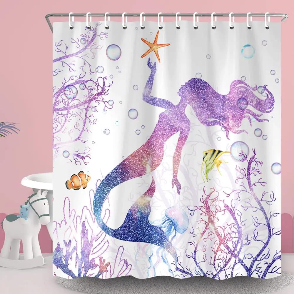 Mermaid Shower Curtain Tail Fish Girls Kids Cartoon Ocean Heart Colorful Purple Hair Seaweed Bath Decor with Hooks Waterproof