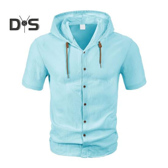 

Мужская льняная рубашка с капюшоном, однотонная рубашка с коротким рукавом, свободный крой, застежка на пуговицы, летний повседневный топ для пляжа, повседневной носки, офиса, путешествий XL светло-синий