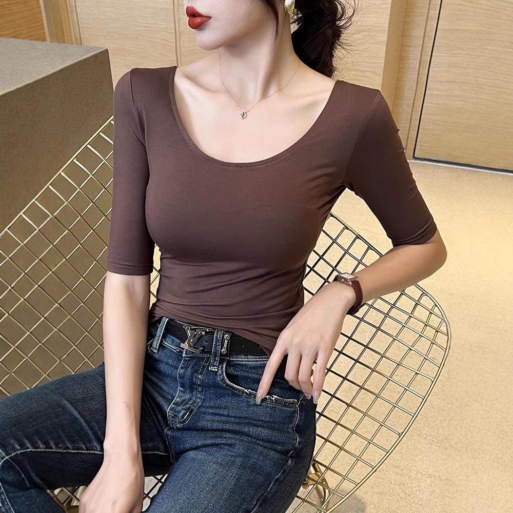Women's Black Slim-Fit Modal Half-Sleeve Round Neck T-Shirt
