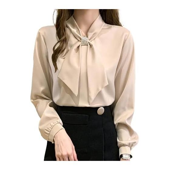 [SYitong] Shirt, Blouse, Women s Chiffon Ribbon Top, Bowtie Blouse, Long Sleeve, Refreshing, Stylish, Office, Large Size, Chiffon Blouse, Casual,