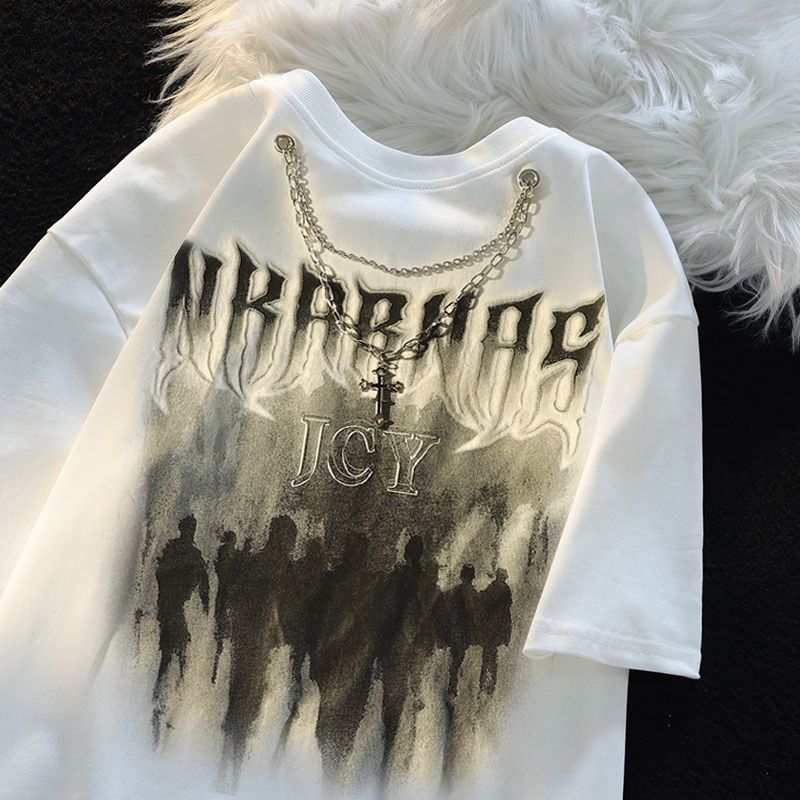 

European and American High Street Fashion Brand Necklace Print Short sleeve T-shirt Men and Women COUPLE S Hip-hop Hiphop Loose Street Top White L