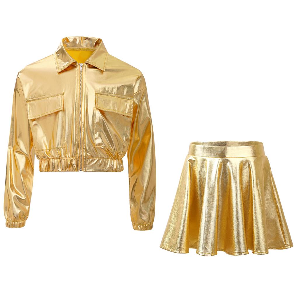 Mädchen Metallic Hip Hop Jazz Tanz Umlegekragen Langarm Reißverschluss Jacke Elastischer Bund Ausgestellter A-Linien Rock