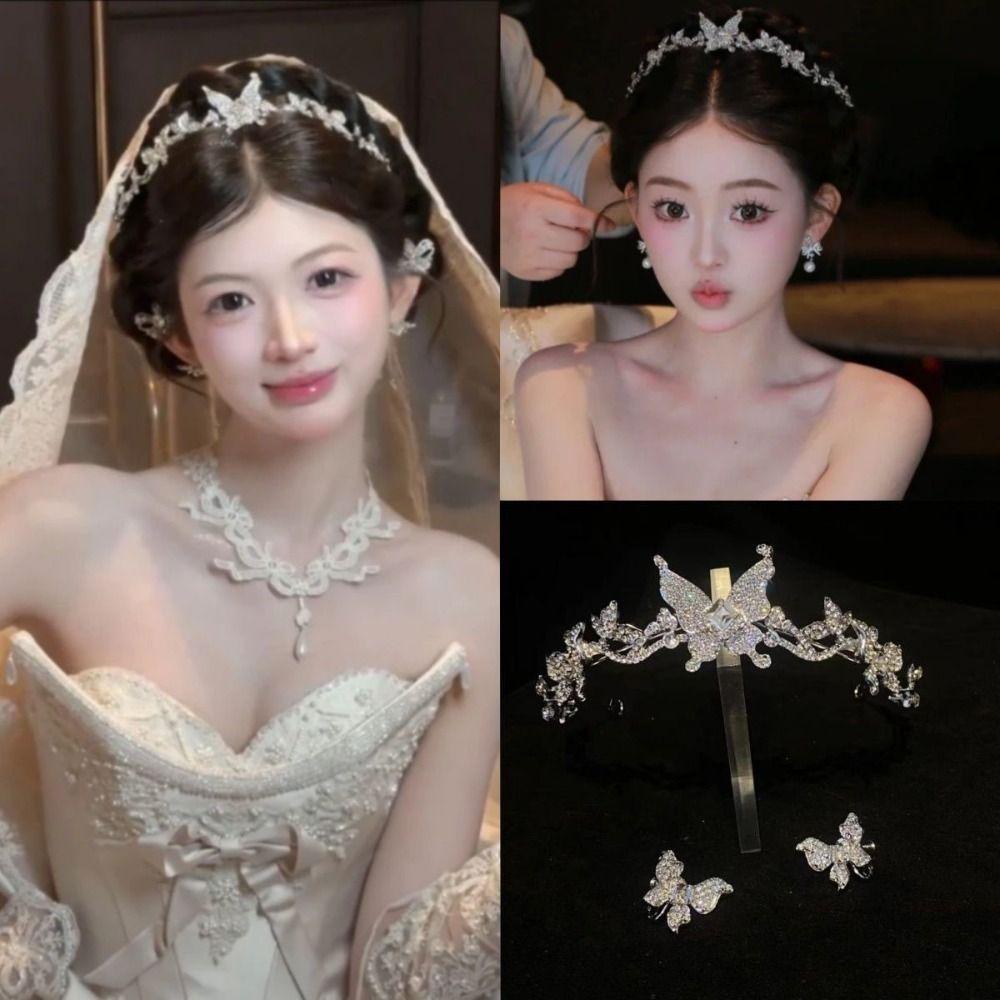 Bride Headdress Butterfly Crystal Tiara Set Sparkling Wedding Jewelry Suit Wedding