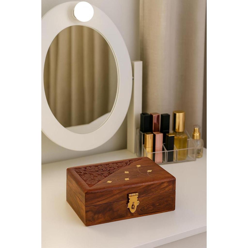 Wooden Jewelry Box with Brass Engraving Design | Handmade Wooden Jewellery Organizer Box for Rings, Earrings & Necklace Storage
