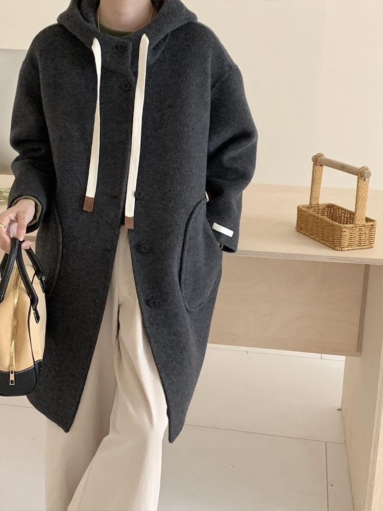 

Loose small cocoon casual hooded double-sided wool coat autumn and winter single-breasted medium and long M