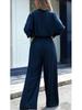 2026 Women's Solid Color Deep V-neck Top + Straight Leg Pants Two-piece Set - European and American Style, Loose Fit, Long Sleeve, Lightly Mature.