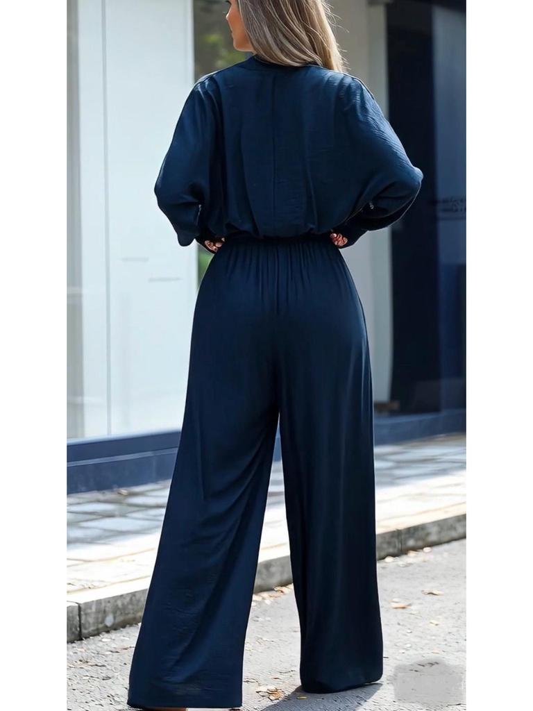 2026 Women's Solid Color Deep V-neck Top + Straight Leg Pants Two-piece Set - European and American Style, Loose Fit, Long Sleeve, Lightly Mature.