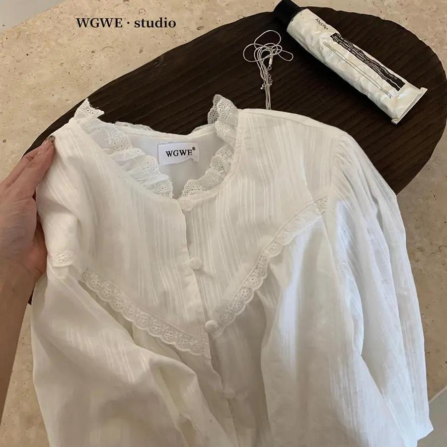 Women s White Lace Trim Blouse Stand Collar Long Puff Sleeve Casual Button-Down Top S белый