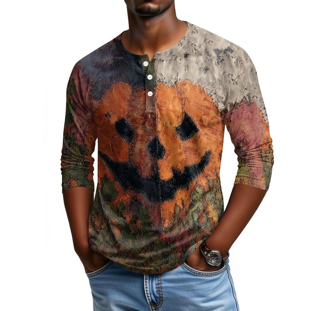 Men Casual Halloween Print Henley Shirt Raglan Three Quarter Sleeve Pullover Top Lightweight Comfortable Fit