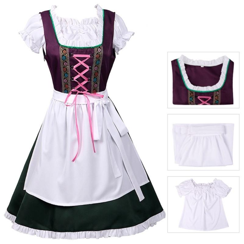 German Bavarian Oktoberfest Costume Set,Halloween Beer Costume Dirndl Dresses Blouse Shirt Apron for Adult Womens