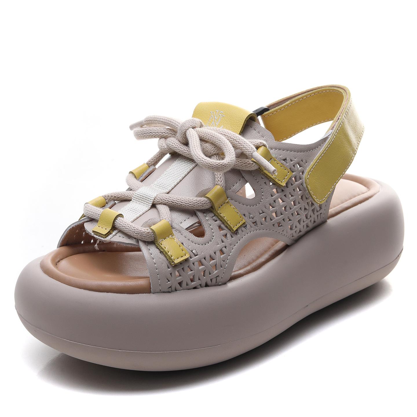 

Johnature Босоножки с толстой подошвой и открытым носком из натуральной кожи, удобная повседневная женская обувь на плоской платформе 40 жёлтый