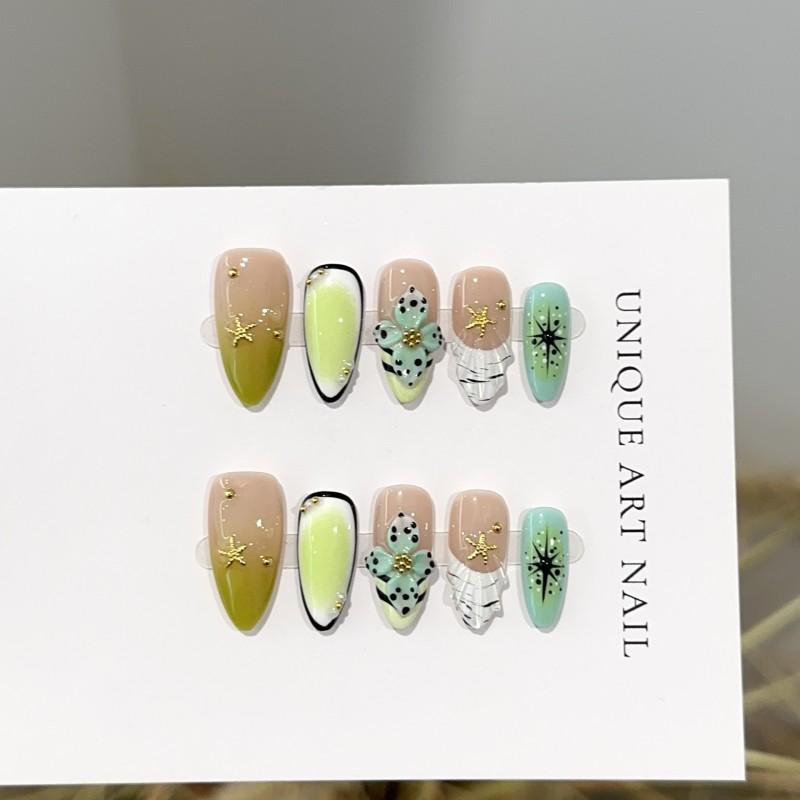 Handmade Press On Nails 3D Handcarved Almond Shape False Green