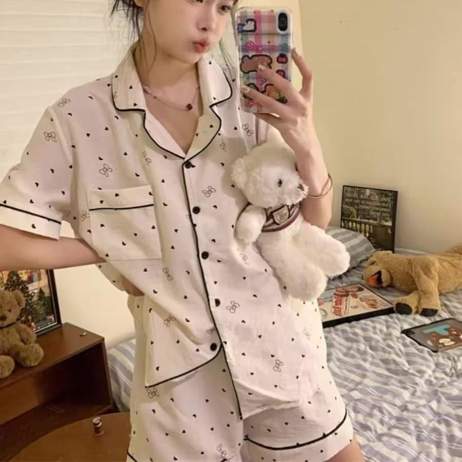 

New simple white love bow pajamas women s summer short-sleeved shorts set student beauty girl loungewear s [recommended weight 35-40kg ]