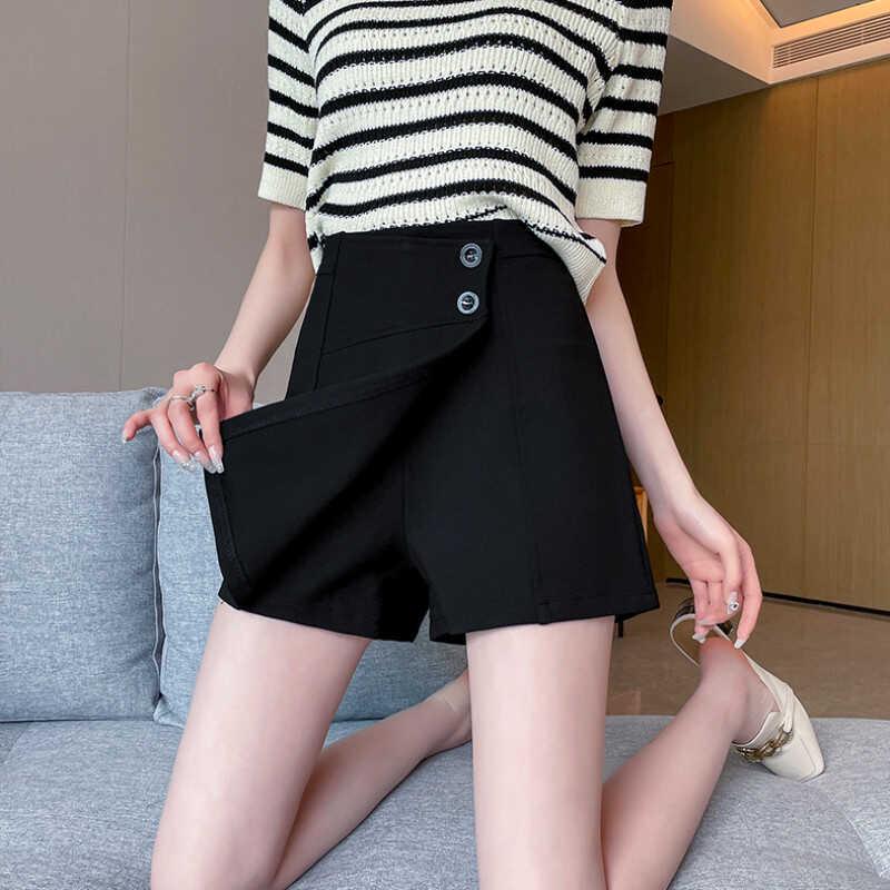 

Лето 2024 Женские шорты с высокой талией, черные, А-силуэта, повседневные, свободные, стройнящие 4XL чёрный