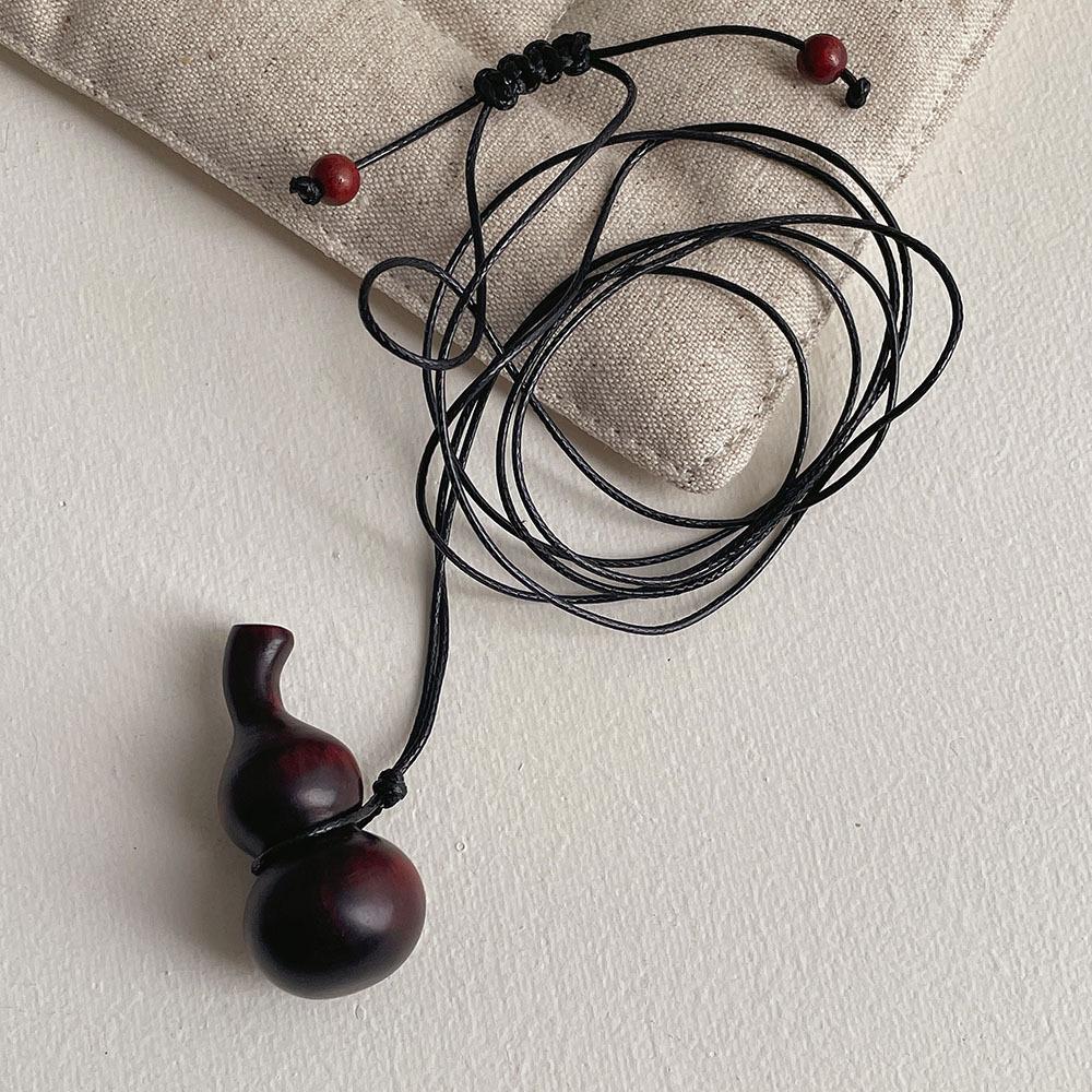 Retro Ebony Rosewood Vase Gourd Pendant Black Adjustable Leather Rope Necklace for Women Men Clothes Collar Chain Jewelry Gifts