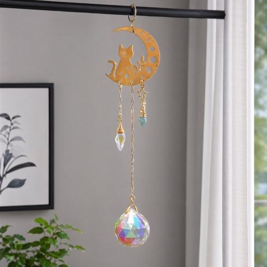 Moon Cat Crystal Suncatcher, Hanging Garden Suncatchers, Crescent Moon Crystal Decoration for Window & Garden, Decorative Hanging Ornament