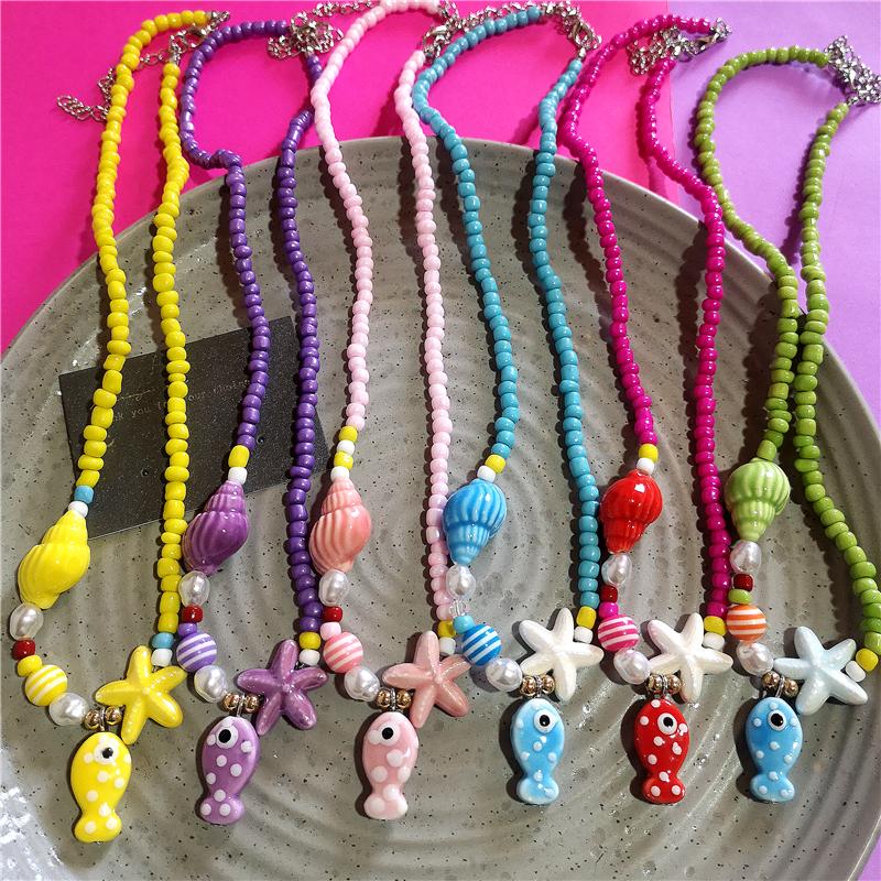 Collar Gargantilla de Cuentas con Colgante de Pez y Estrella de Mar de Cerámica Colorida de Verano para Mujer Accesorios de Joyería Romántica Boho de Playa