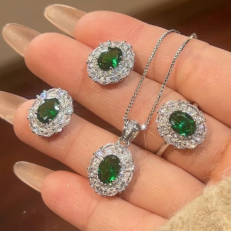 Huamei Jewelry Set Jewelry S Silver Needle Earrings Emerald Necklace Premium Women