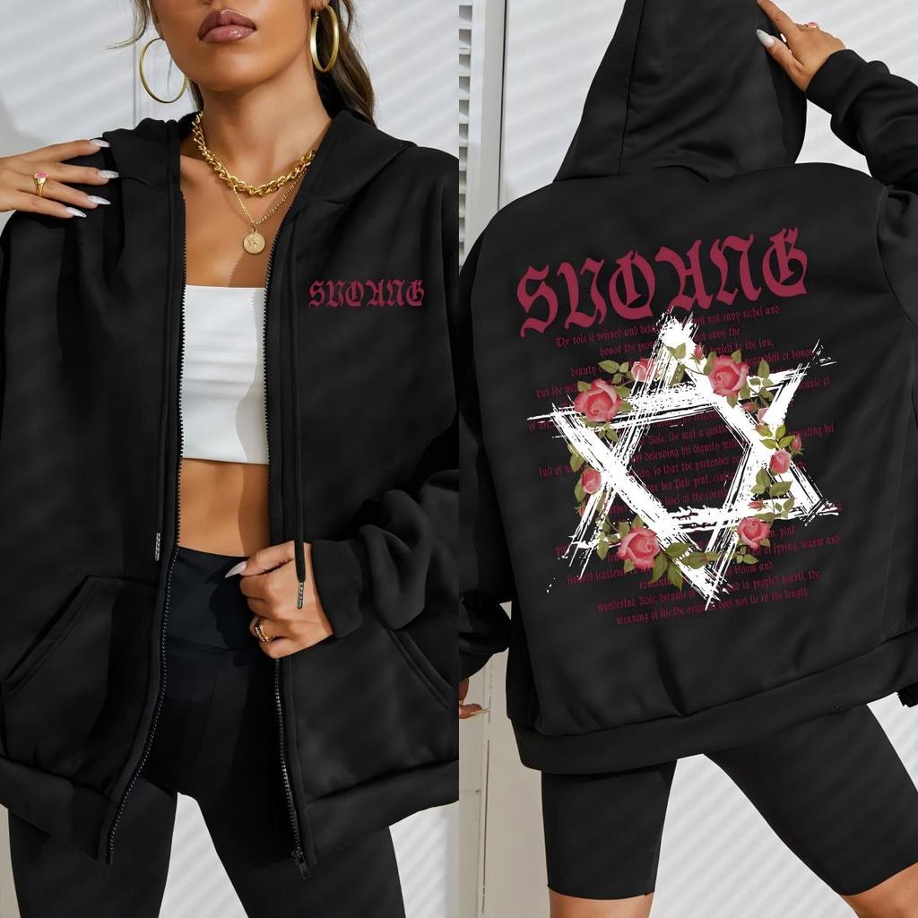 Flowers Wreath Art Letter Printed Women Zipper Hoodie Harajuku Fleece Hoody  Autumn Clothings Vintage Loose Streetwear
