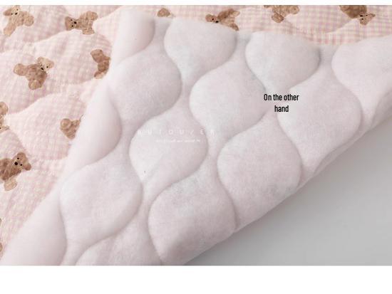 Light Yellow Pink Plaid Quilted Bear Print Cotton Vest Jacket